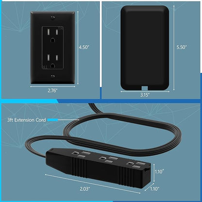 LIDER Flat-Face Outlet Extender with 3 Receptacles, Ultra-Thin Wall Plate Plug with Cord Extender and 3-Outlet Power Strip, 3ft Cord, LWE3-315-BK2P, ETL-Listed, Black, 2 Pack