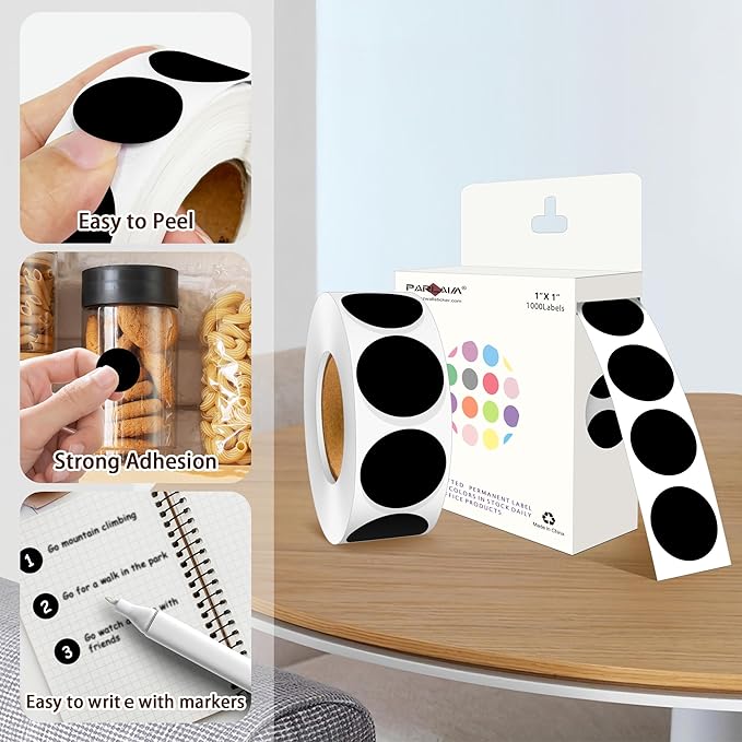 PARLAIM 4 Rolls 4000PCS 1 inch Round Color Coding Circle Dot Labels,Color- Coding Label Sticker for Home Office Classroom(Black)