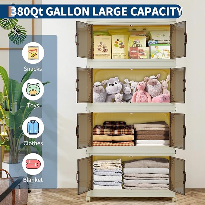 Garvee 380QT Stackable Storage Bins, Plastic Bins for Storage with Lids, Plastic Storages Drawers with Magnetic Doors & Wheels, Foldable Collapsible Closet Organizers for Home, Dorm, Office, White