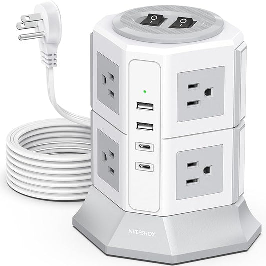 Tower Surge Protector Power Strip Flat Plugs with 8 Outlets 4 USB Ports (2 Type C), 6.5 FT Flat Extension Cord with Multiple Outlets, Charging Station with Surge Protection for Home Office Dorm