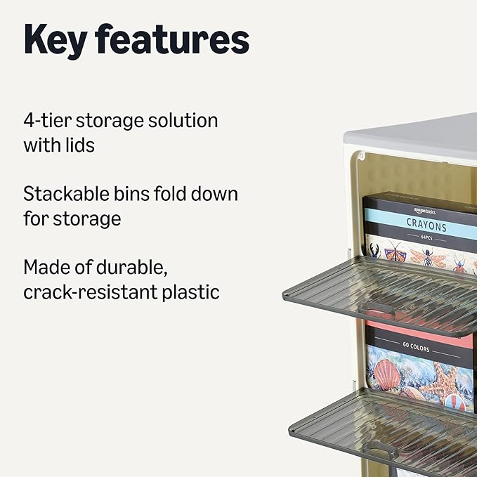 Amazon Basics 4-Tier Storage Bins with Lids, Stackable and Collapsible, 23QT per Tier