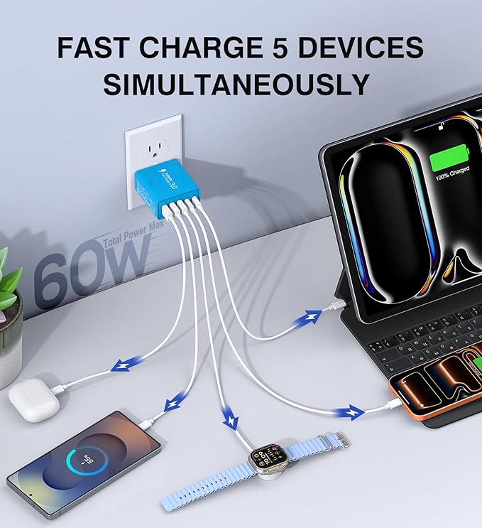 [2-Pack] USB C Wall Charger, 60W USB C Charger Block 5-Port PD Fast Charging Blocks,2USB C+3USB A Multiport Plug,Type C Power Adapter Brick Cube for iPhone17/16/15/14/Pro,iPad,Samsung,for Switch（Blue）