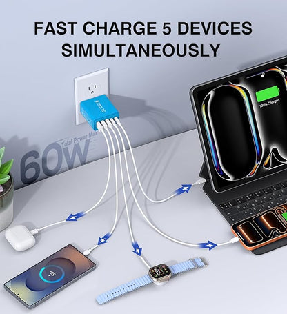 [2-Pack] USB C Wall Charger, 60W USB C Charger Block 5-Port PD Fast Charging Blocks,2USB C+3USB A Multiport Plug,Type C Power Adapter Brick Cube for iPhone17/16/15/14/Pro,iPad,Samsung,for Switch（Blue）