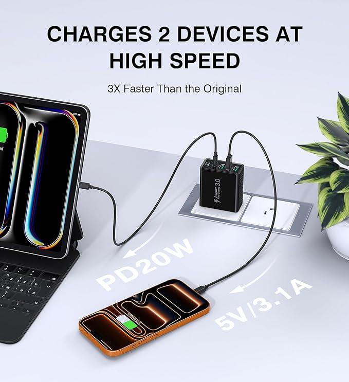 [2-Pack] USB C Wall Charger, 60W USB C Charger Block 5-Port PD Fast Charging Blocks,2USB C+3USB A Multiport Plug,Type C Power Adapter Brick Cube for iPhone 17/16/15/14/13/Pro,Samsung,for Switch（Black）