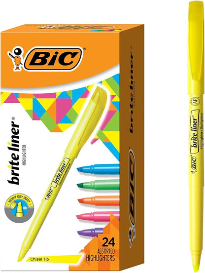 BIC Brite Liner Highlighters with Chisel Tip for Broad and Fine Lines, 24-Count Pack in Assorted Colors