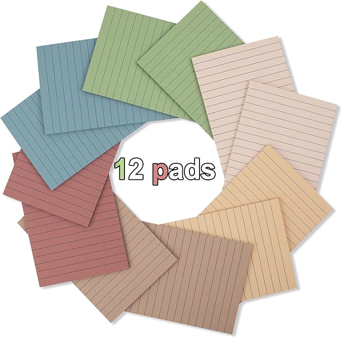 (12 Pack) Lined Sticky Notes 4x6 in Ruled Stickies Super Sticking Power Memo Pads Vintage Colors