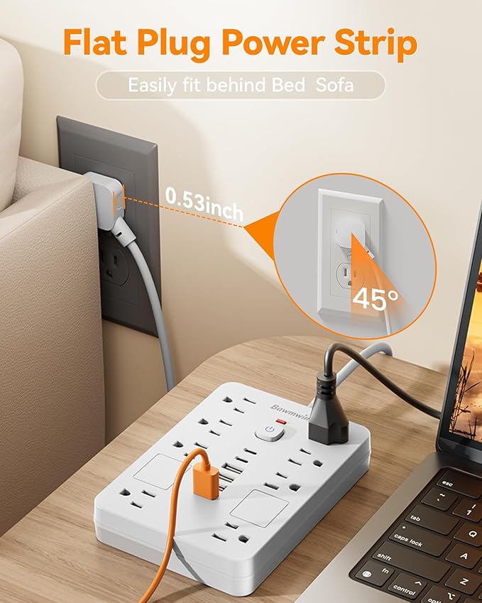 Surge Protector Power Strip - 8 Outlets(1850W/15A) with 6 USB Ports（2 USB C, 6FT Flat Plug Extension Cord, Wall Mount Multi Plug Outlet Extender, ETL Listed for Home, Dorm Room, White