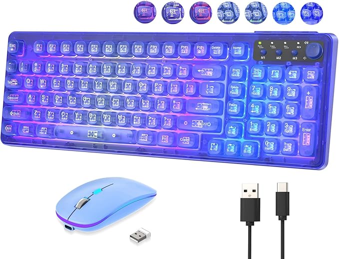 Blue Light Up Keyboard and Mouse Wireless,Cute 2.4Ghz Cordless Rechargeable Transparent Backlit Keyboard,15 Backlight Effects,Volume Knob,RGB Mouse with 3 DPI for Mac Computer PC Laptop Desktop iPad