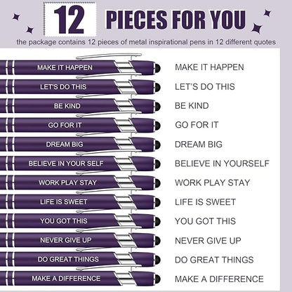 Zonon 12 Pcs Inspirational Pens Bulk Funny Ballpoint Pen with Stylus Tip Motivational Gifts for Christmas Teacher Coworkers Nurse School Office Supplies(Dark Purple,Motivational Style)
