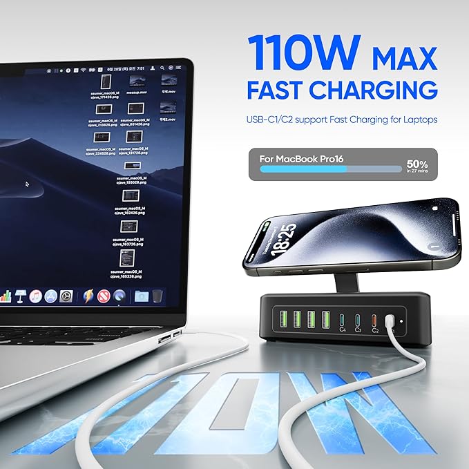 11-in-1 Charging Station USB-C Power Strip, 300W USB C Charger Block, 2AC Outlets 8USB Ports(4USB-C) Surge Protector, 5FT Flat Plug Extension Cord, PD110W Desktop Fast Charging for Home Office, Black