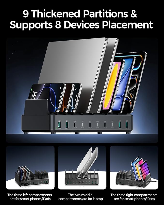 400W Charging Station for Multiple Devices, 10 Port Double PD 100W USB C Charging Station with 6 Cables, Multi-Device Organizer Fast Charging Dock for MacBook, iPad, iPhone, Cell Phone, Tablet