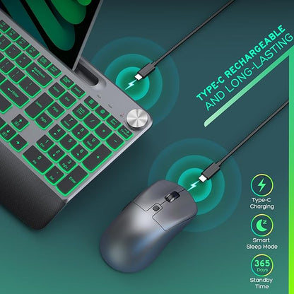 Backlit Keyboard and Mouse Combo, 7 Colors Wireless Keyboard Ergonomic with Wrist Rest and Volume Knob,Phone Holder,Rechargeable with Light Up Keyboard for Laptop, PC, Mac, Windows -Black