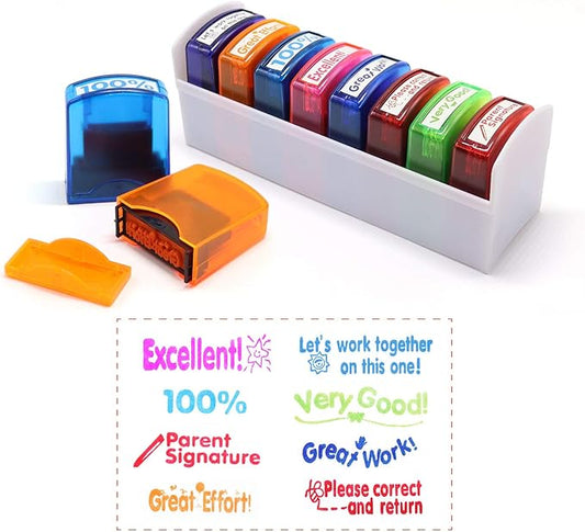 RELIANCER 8PCS Teacher Stamp Set,Colorful Self-Inking Motivational Classroom Stamper for Grading,Encouraging Rating Stamp Student,Parent Signature Stamps for Homework,School Homeschool Reward Supplies