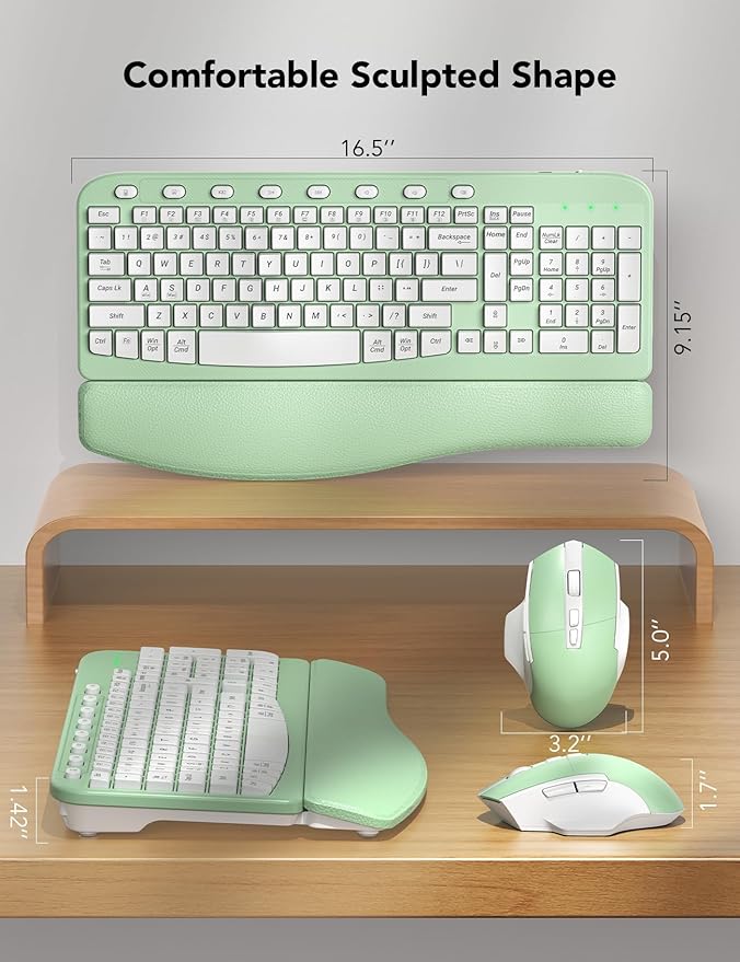 SABLUTE Wireless Keyboard and Mouse Combo, Ergonomic Wave Keys, Cushioned Plam Rest, Comfortable Silent Natural Typing, 2.4G Lag-Free, Full Size Keyboards Cordless Set for Multi-OS, Windows/Mac, Green