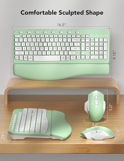 SABLUTE Wireless Keyboard and Mouse Combo, Ergonomic Wave Keys, Cushioned Plam Rest, Comfortable Silent Natural Typing, 2.4G Lag-Free, Full Size Keyboards Cordless Set for Multi-OS, Windows/Mac, Green