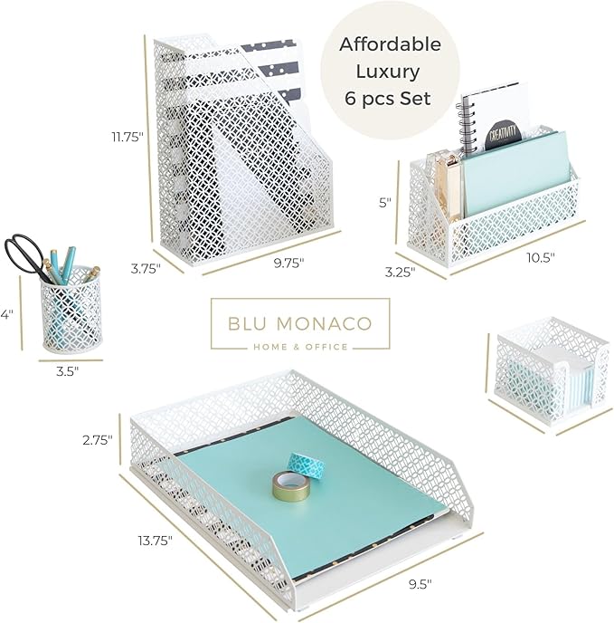 BLU MONACO White Desk Organizer Set – 6-Piece Desk Accessories for Mail, Sticky Notes, Pens, Magazines & Documents