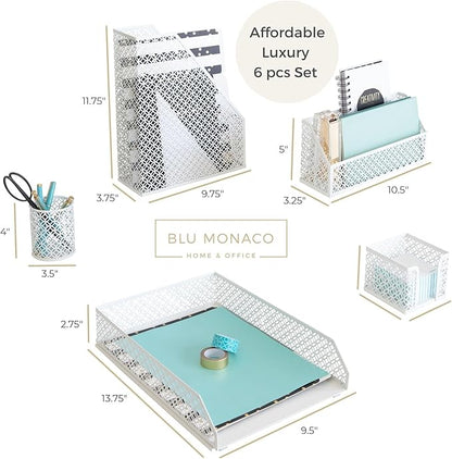 BLU MONACO White Desk Organizer Set – 6-Piece Desk Accessories for Mail, Sticky Notes, Pens, Magazines & Documents
