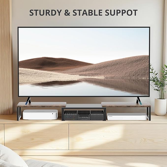 Desk Dual Monitor Stand Riser - Desk Organizer with Drawer and Pen Holders, Office Desk Accessories & Workspace Organization, Computer Monitor Stand for Laptop, Printer, TV, Office Decor, Wood