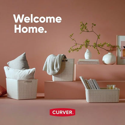 Curver Set of 6 Jute Medium Decorative Plastic Organization and Storage Baskets, Perfect Bins for Home Office, Closet Shelves, Kitchen Pantry and All Bedroom Essentials, White