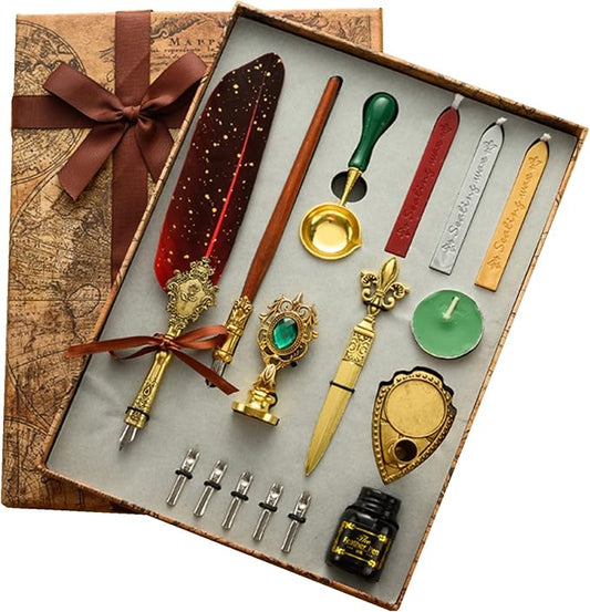Calligraphy Pen Set, with Luxury Vintage Signature Pen, Replacement Nib, Ink, Wax Sticks, Melting Spoon, Dip Pen, Candle, Stamp, Letter Opener, Pen Stand Base Calligraphy Set #81