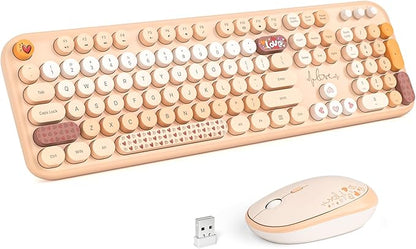 MOFII Wireless Keyboard and Mouse Combo, Full Size 2.4G Plug and Play Typewriter Retro Round Computer Keyboard and Mouse Set for Windows, Computer, Desktop, PC, Notebook - (Milk Tea Colorful)