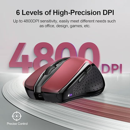 TECKNET Wireless Mouse (BT5.0/3.0 & 2.4G) Rechargeable 4800 DPI Silent USB A & Bluetooth Mouse 6 Buttons, Wide Compatibility - Red