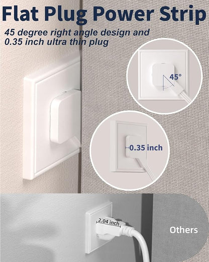 16 in 1 Surge Protector Power Strip with 4 USB (2 USB C) and 12 AC Outlets Extender, 6 Ft Flat Plug Extension Cord, Cable Management Outlets for Home Office and Dorm Rooms (White)