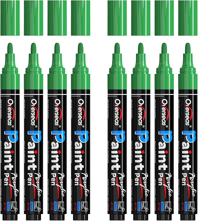 Overseas Green Acrylic Paint Markers - 8 Pack Medium Tip Acrylic Paint Pens, Water Based, Quick Drying, Waterproof, Non Toxic Permanent Markers for Rock, Wood, Plastic, Metal, Canvas, Glass, Fabric