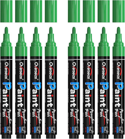 Overseas Green Acrylic Paint Markers - 8 Pack Medium Tip Acrylic Paint Pens, Water Based, Quick Drying, Waterproof, Non Toxic Permanent Markers for Rock, Wood, Plastic, Metal, Canvas, Glass, Fabric