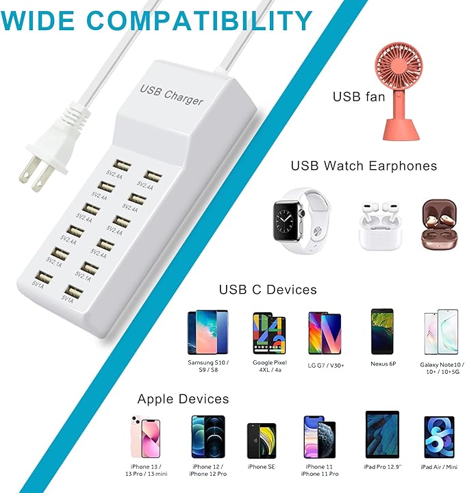 Multiple USB Charger Station Block 12 multiport Charger Station Hub with Fast Charging Wall Charger for Multiple Devices USB Charging Port Compatible with Cell iPhone Android Smartphone Smart Watch
