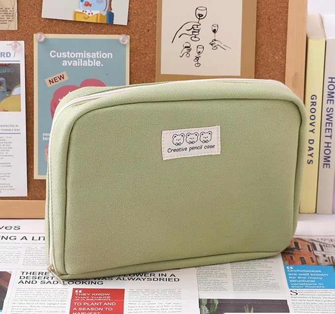 Pencil Case Pouch Box Cute Kawaii Large Capacity Aesthetic Zipper Pen Holder Organizer Bag for Office Workspace Supplies Desk Accessories Travel (Green)