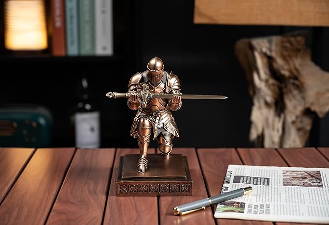 Medieval Armored Warrior Knight Pen Holder Desk Organizers and Accessories Resin Pencil Holder Paperweight as Gift with a Cool Letter Opener for Desk (Copper)