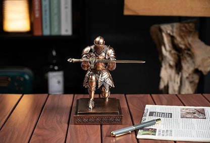 Medieval Armored Warrior Knight Pen Holder Desk Organizers and Accessories Resin Pencil Holder Paperweight as Gift with a Cool Letter Opener for Desk (Copper)