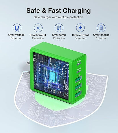 USB C Wall Charger, 60W USB C Charger Block 5-Port PD Fast Charging Blocks,USB A Multiport Plug Brick Cube,Dual Type C Power Adapter for iPhone 17/16/15/14/13/Pro,iPad,Samsung,for Switch（Green 2-Pack）