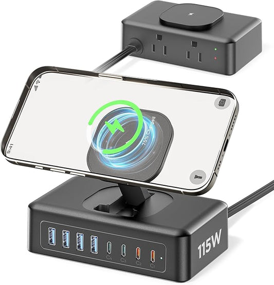 11-in-1 Charging Station USB-C Power Strip, 115W USB C Charger Block, 2AC Outlets 8USB Ports(4USB-C) Surge Protector, 5FT Flat Plug Extension Cord, PD65W Desktop Fast Charging for Home Office, Black