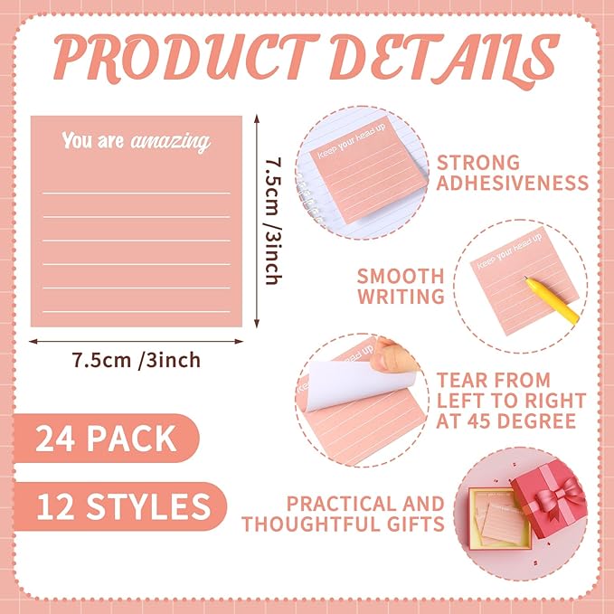 Yinder 24 Pcs Inspirational Sticky Notes Christmas Stocking Stuffers Motivational Sticky Notes Pad Employee Appreciation Gift Bulk for Teacher Nurse Coworker Office 3 x 3'' (Inspirational,Rose Gold)