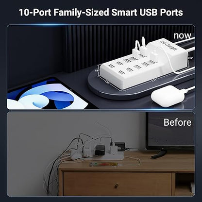 USB Charging Station 50w10A 10-Port Charger, Multiport Charger Hub, Compatible with iPhone, Galaxy, iPad Tablet, and Other Devices（White）