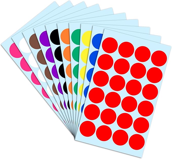 1200 Pack, 1" Round Colored Dot Stickers Labels - 10 Assorted Colors