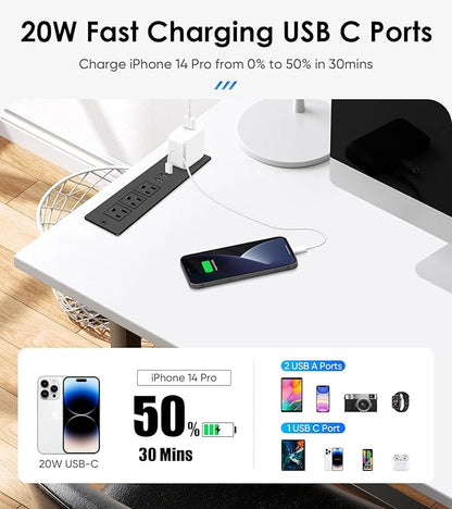 VILONG Flat Plug Recessed Power Strip with PD 20W USB-C, Flush Mounted Drawer Outlet, 4 AC Outlets & 3 USB Ports, Conference Desktop Built in Power Strip, 10FT Extension Cord(Black)