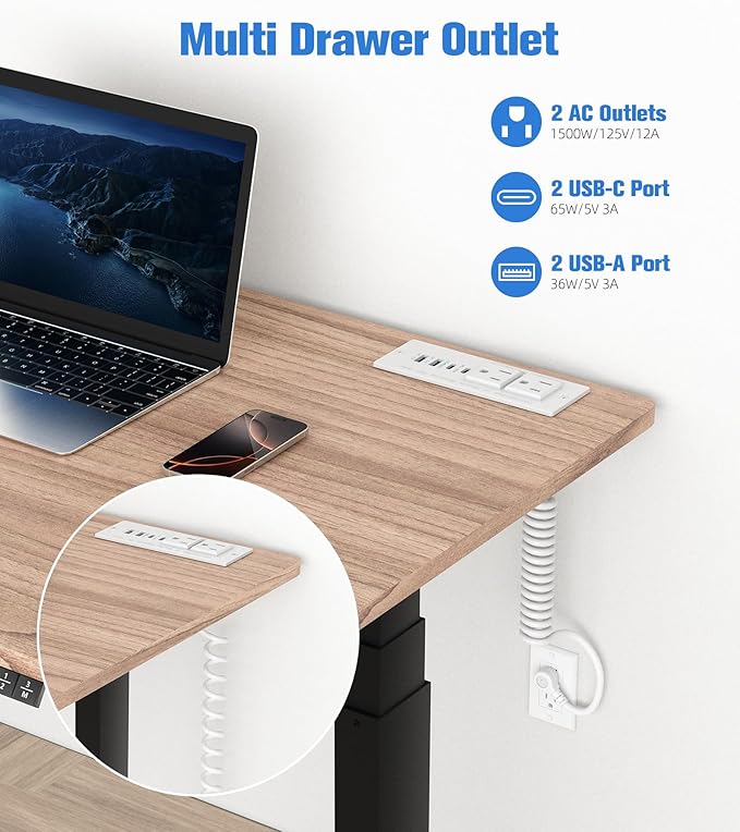 65W Furniture Drawer Outlet, Recessed Outlet with 4 USB Ports & 2 AC Outlets, Recessed Power Strip for Home, Office, 14 AWG-10FT Spring Cord(White)