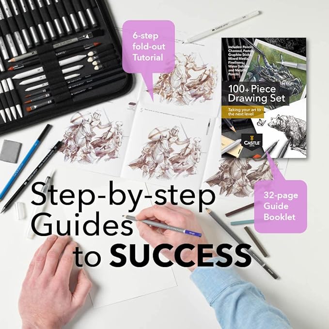 Castle Art Supplies 100 Piece Drawing & Sketching Set | Graphite, Charcoal, Pastel, Metallic Pencils + More for Professional and Adult Artists