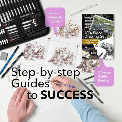 Castle Art Supplies 100 Piece Drawing & Sketching Set | Graphite, Charcoal, Pastel, Metallic Pencils + More for Professional and Adult Artists