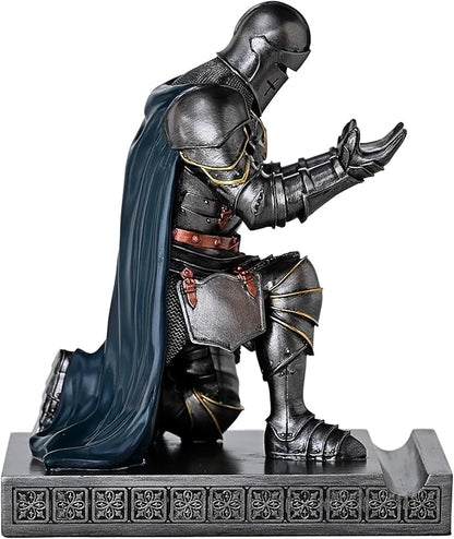 Medieval Armored Warrior Wearing Outerwear, Mobile Phone Stand Knight Pen Holder Desk Organizers, Resin Bookends Paperweight with a Letter Opener for Desk (Iron&Green)