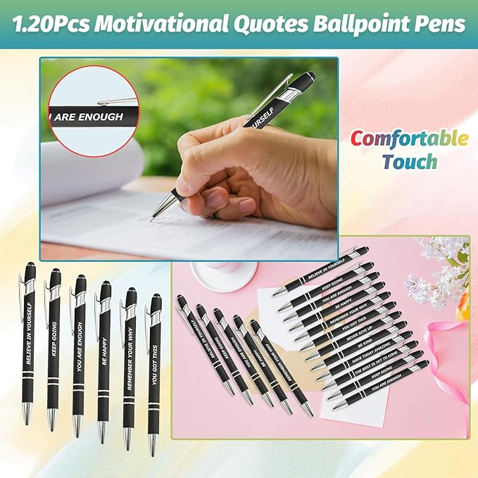 60 Piece Inspirational Pens Kit with Stylus Tip & Sayings – 30 Motivational Pen + 30 Individual Bags – Uplifting Quote & Positive Ideas – For Teachers, Office, School, Meetings, Team Events(Black)