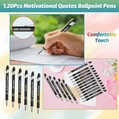 60 Piece Inspirational Pens Kit with Stylus Tip & Sayings – 30 Motivational Pen + 30 Individual Bags – Uplifting Quote & Positive Ideas – For Teachers, Office, School, Meetings, Team Events(Black)