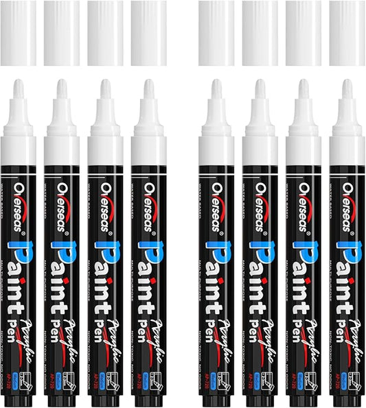 Overseas White Acrylic Paint Markers - 8 Pack Medium Tip Acrylic Paint Pens, Water Based, Quick Drying, Waterproof, Non Toxic Permanent Markers for Rock, Wood, Plastic, Metal, Canvas, Glass, Fabric