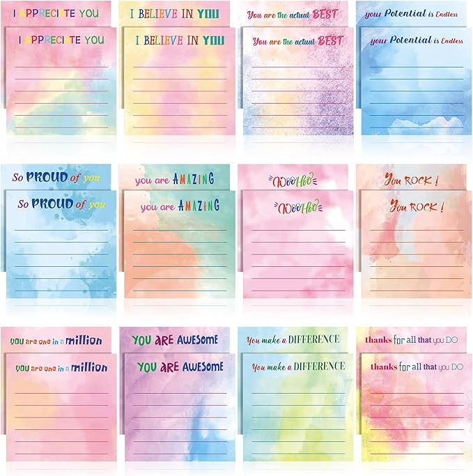 Yinder 24 Pcs Employee Appreciation Sticky Notes Xmas Gift Bulk Motivation Note Pads Mini Inspirational Note Gift for Teacher Nurse Staff Coworker Office Supply 3 x 3'' (Appreciation,Watercolor)