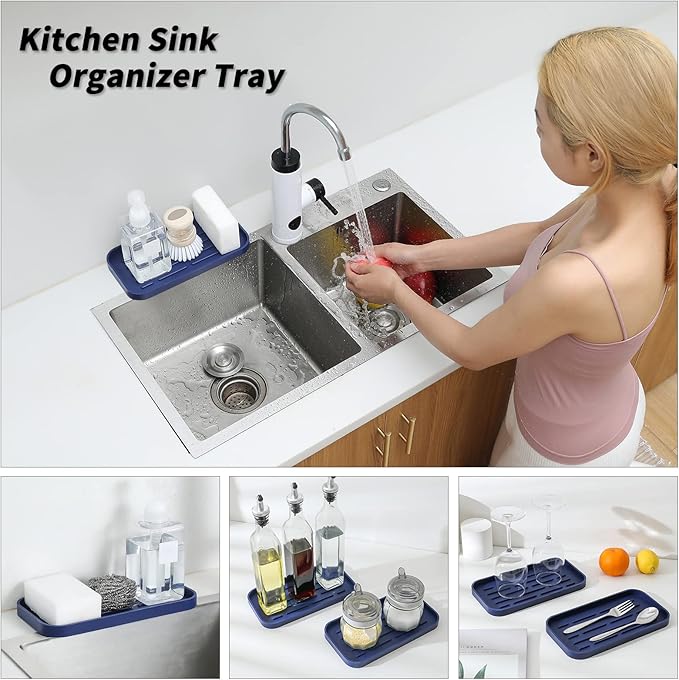 Silicone Kitchen Sink Organizer Tray for Multiple Usage,Eco-Friendly Sponges Holder for Kitchen Bathroom Counter or Sink,Dish Soap Dispenser,Scrubber,Bottle,Cup (Navy Blue, 10"×5.3")