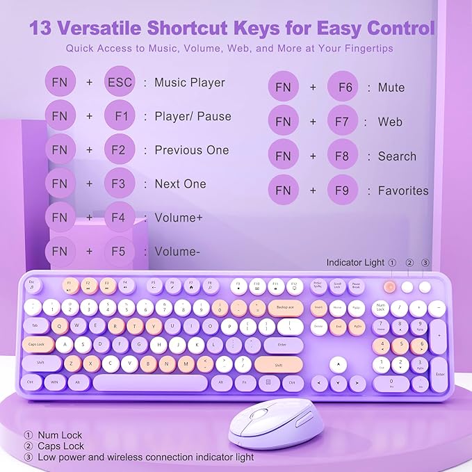 Wireless Keyboard and Mouse Combo, Retro Typewriter Keyboard with Round Keycaps, Full-Size Ergonomic, Purple, Ideal for Windows PC, Home, Office, and College