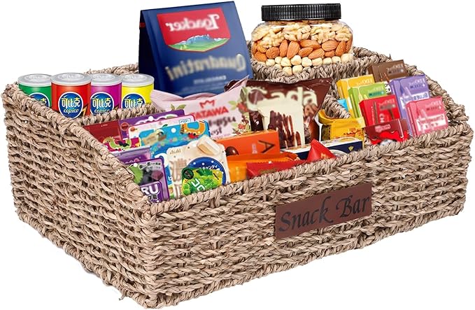Snack Organizer for Countertop, Trapezoid Snack Organizer Seagrass Wicker Basket, 5 Compartments Snack Box Container, Snack Bar Station Organizer, Kitchen Cabinet Pantry Organizer and Storage